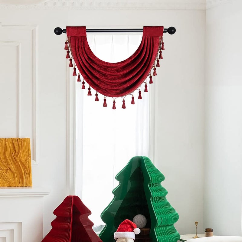 ELKCA Thick Chenille Waterfall Swag Valances for Living Room Burgundy Red Valance Curtains for Holiday,Pack of 1 (Burgundy Red,30" W x 22" L) - Image 1